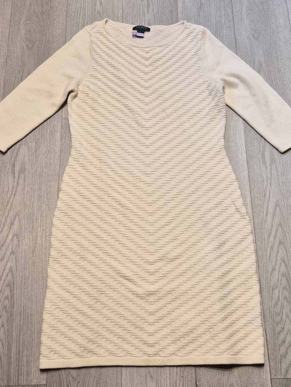Lauren Ralph Lauren Cream Textured Knit Sheath Dress, Three-Quarter Sleeves